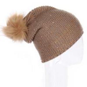 Sequined Slouch Beanie w/ Pom Pom  (Ivory and Tan)